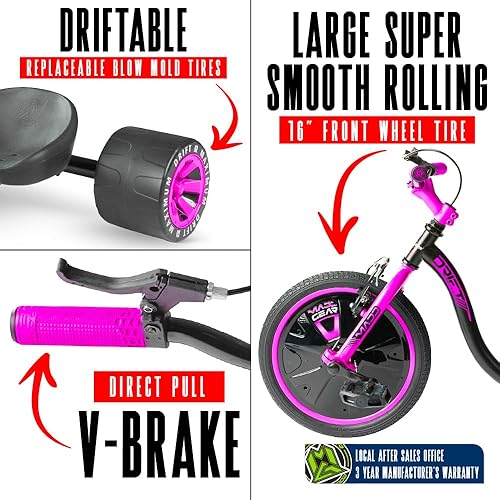 Miniatura 4 de Triciclo Drift para niños de 5 años en adelante, rueda delantera de 16 pulgadas con asiento ajustable, marco de acero, ruedas traseras resbaladizas