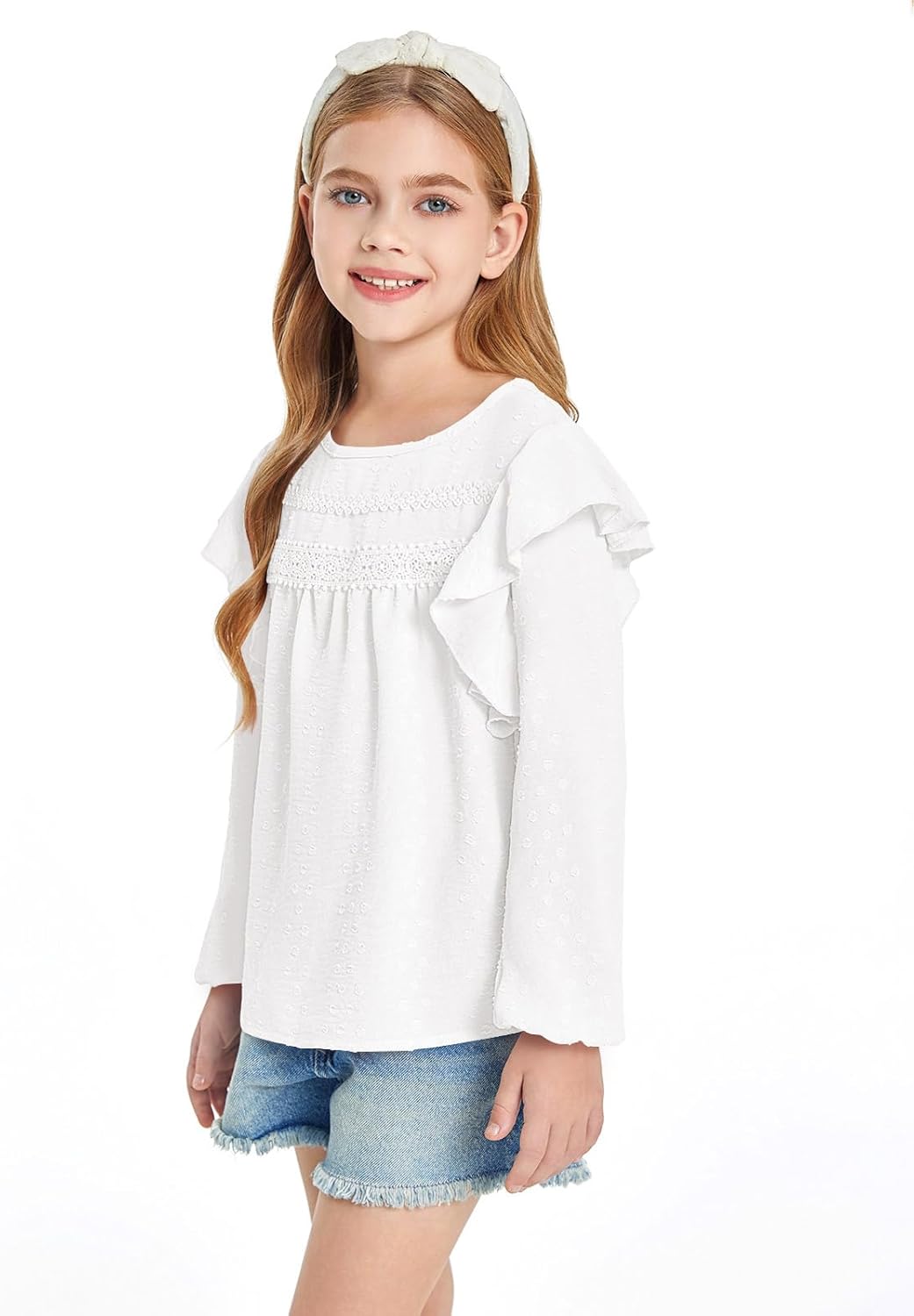 Haloumoning Girls Long Sleeve Shirts Cute Tops Crewneck Ruffle Swiss Dot Blouses for Kids 4-14 Years - Image 3