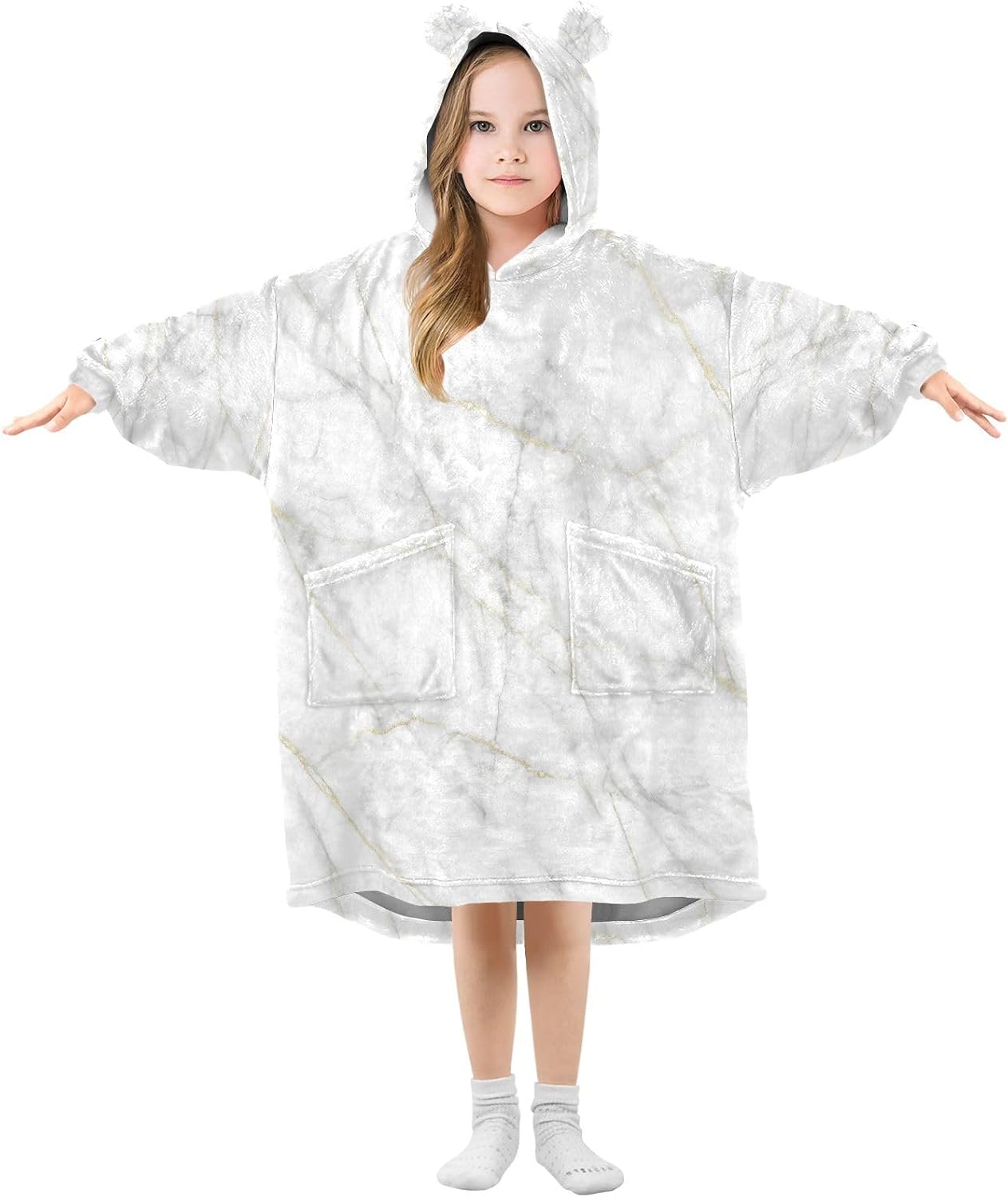 Kigai White Marble Wearable Blanket Hoodie for Kids Oversized Hooded Blanket Warm & Cozy Sweatshirt with Pockets