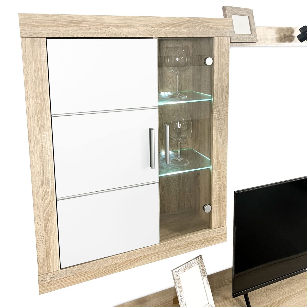 amuéblate Online - Mueble de Salón Moderno con Leds, Módulos de Comedor, Modelo Apolo, Acabado en Blanco y Cambria, Medidas: 259 cm (Ancho) x 132,5 cm (Alto) 40 cm (Fondo)