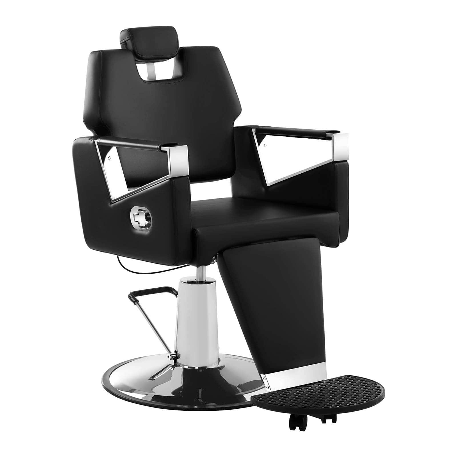 Physa Friseurstuhl Turin Black pneumatisch höhenverstellbar (57 – 64 cm) Sitzhöhe, 500 x 490 mm Sitzfläche, ECO-Leder, Stahlgestell,360° drehbar, Fußstütze Schwarz Friseursessel Friseureinrichtung