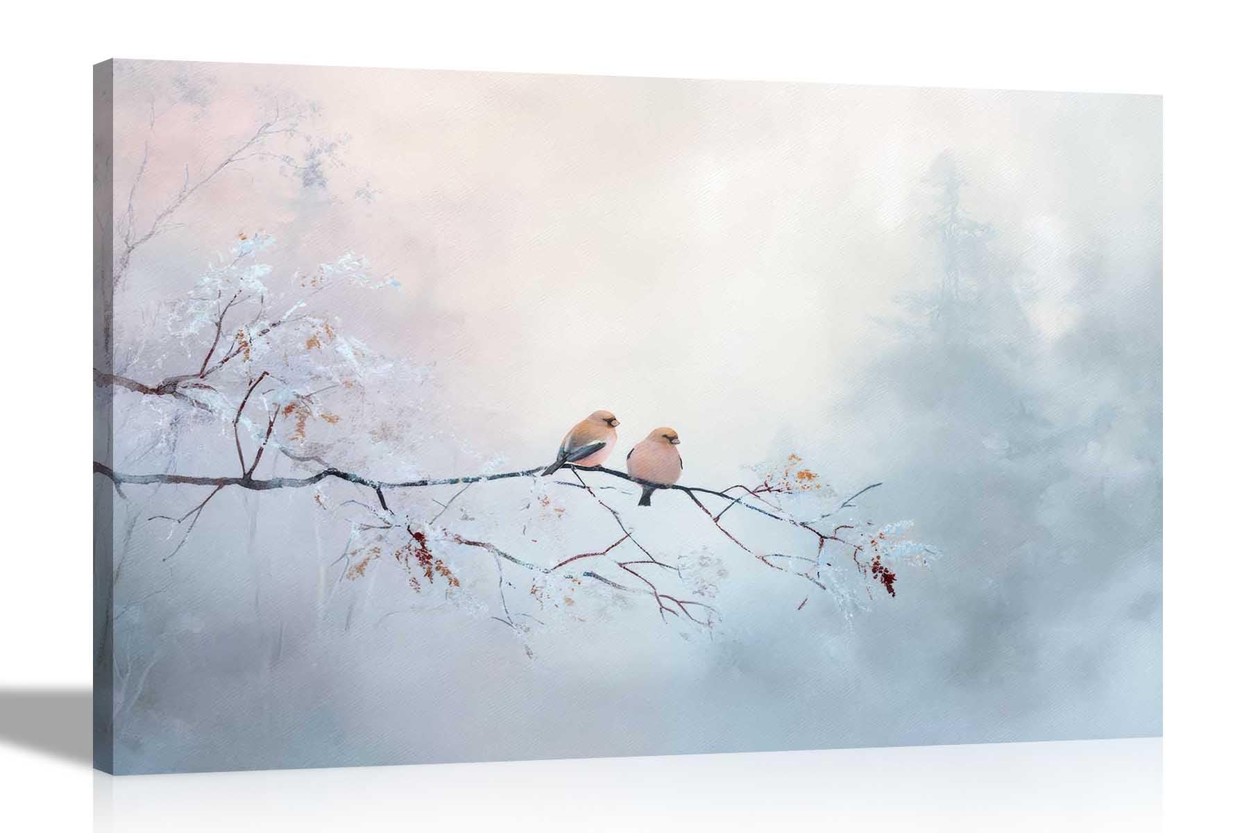 Artley Prints Small Birds Winter Landscape - Winter Birds On Branch Canvas Prints Pictures For Living Room Conservatory Hallway Nature Home Office 60 X 40Cm (24 X 16 Inches) A2