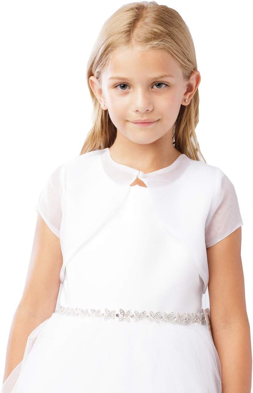 Girl's White Satin Organza Short Sleeve First Communion Flower Girl Bolero Shrug Jacket Size 2-16