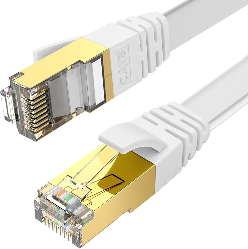 Cat8 Ethernet Cable 50 ft,40Gbps High Speed 2000MHz Shielded Flat | FTP UV Resistant Internet Cable,RJ45 Weatherproof Lan Cable with Clips for Home Office, Router, Gaming, Modem, Streaming