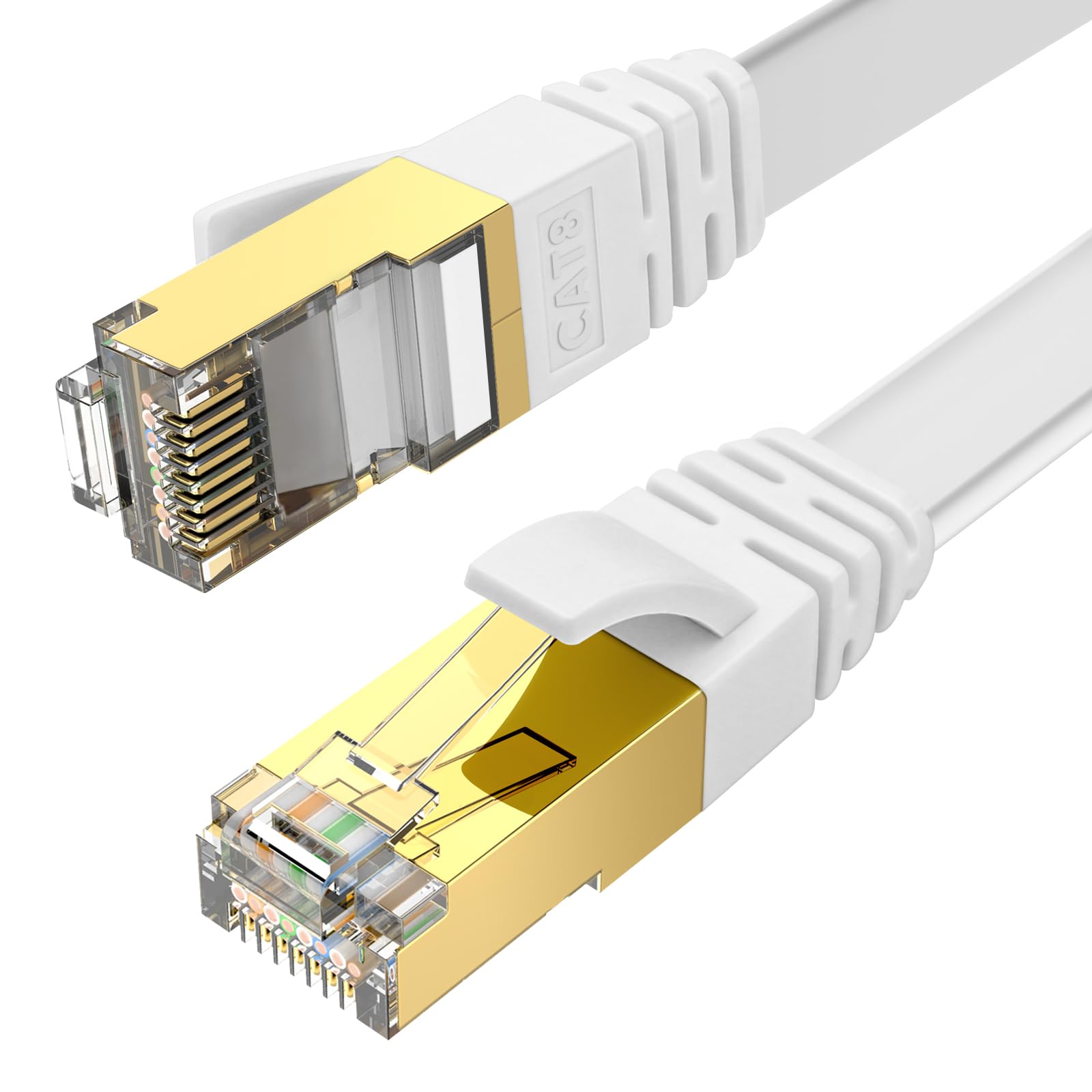 Câble Ethernet Cat. 7 30,5 m haut débit, blindé plat avec clips, plus rapide que le fil LAN Cat6 – Blanc 30 m
