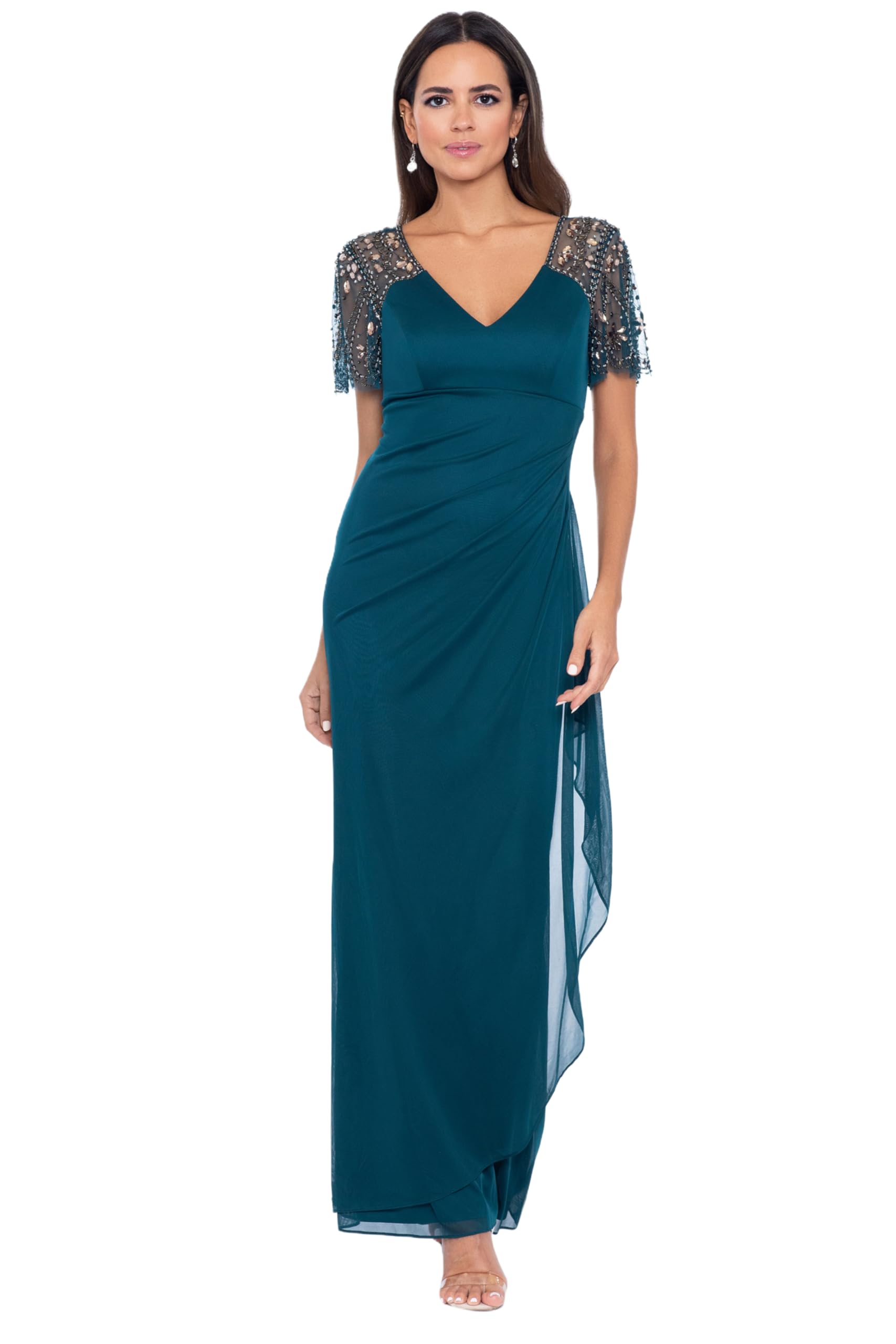 XscapeWomen's V-Neck Beaded Flutter Sleeve Sheer Matte Jersey Long Dress