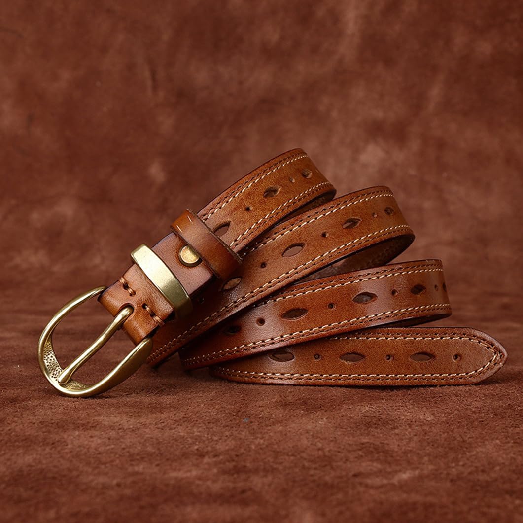 Cinturón De Cuero con Costuras Finas para Mujer, 2.3cm De Ancho Correa De Moda para Pantalones Vaqueros Cinturones con Hebilla Dorada Resistente(105cm/41, Brown)