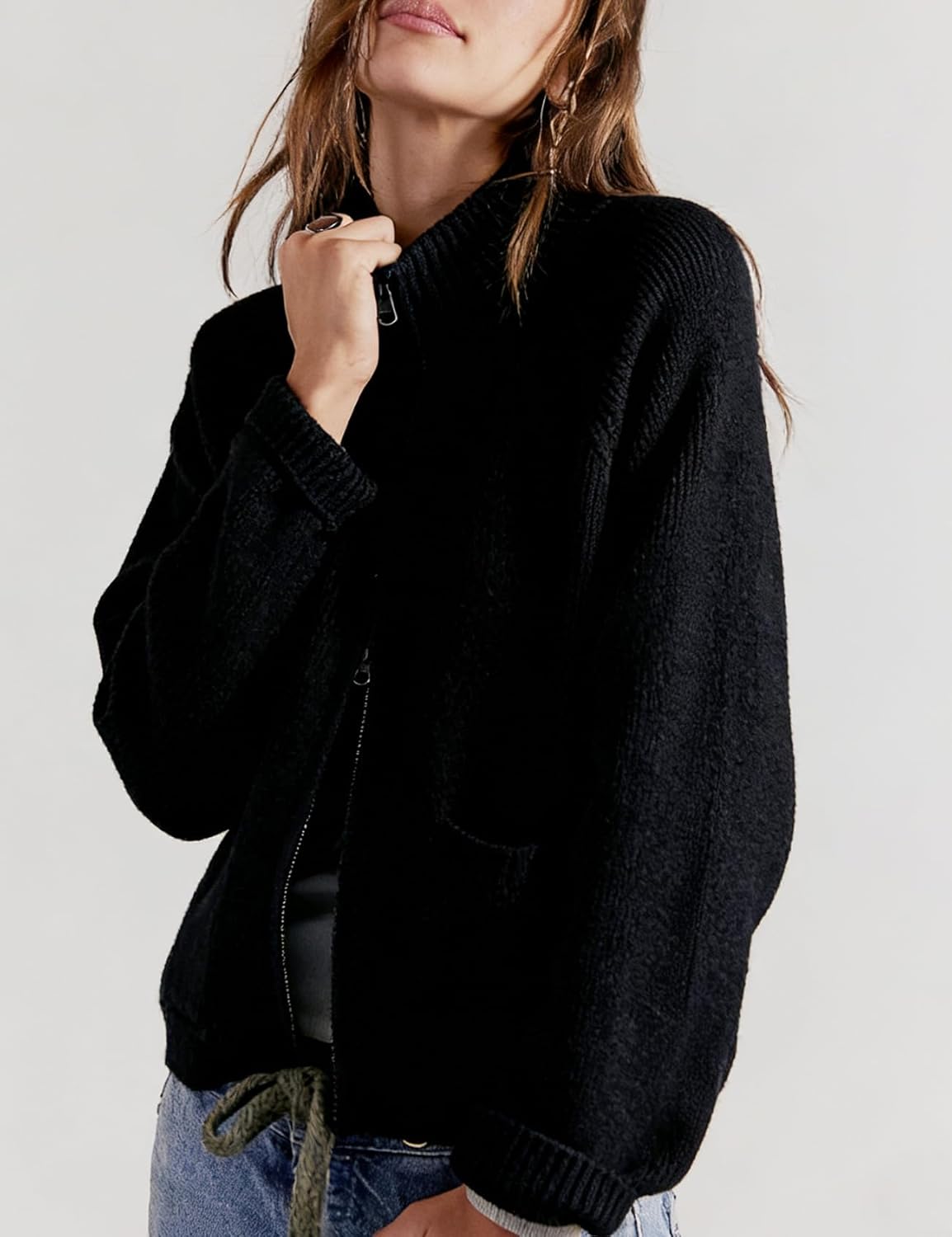 Yimoon Zip Up Cardigan for Women Chunky Knit Cropped Cardigans Long Sleeve Mock Neck Ribbed Sweater with Pockets - Image 6