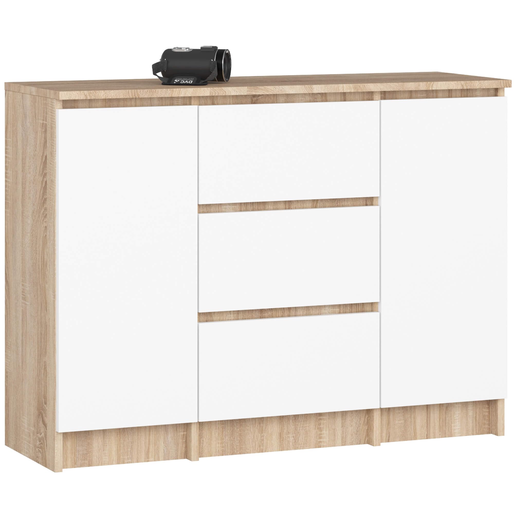 AKORD Kommode K100 mit 3 Schubladen, Schrank mit 2 Tür 4 Regalböden, Für das Wohnzimmer Schlafzimmer, Moderne, 16mm Laminierte Platte, B101xH76xT35 cm, Farbe Sonoma-Eiche & Weiß