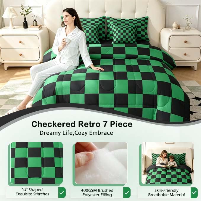 Image of Feelyou Checkered 7 Piece Bedding Set Teen Green Black Plaid Comforter Set with Sheets King Size Kids Boys Cute Retro Neutral Checkerboard Geometric Bed in a Bag Vintage Aesthetic Room Decor