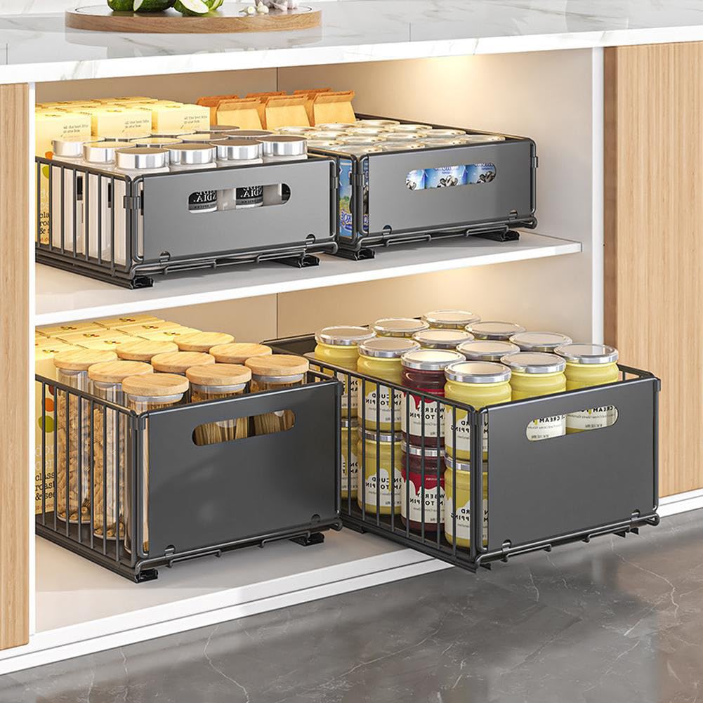 2pcs Erweiterbarer ausziehbarer Schrank-Organizer, selbstklebende ausziehbare Schrankschublade unter dem Spülenschrank für Küchenschränke, Speisekammer, Badezimmeraufbewahrung groß
