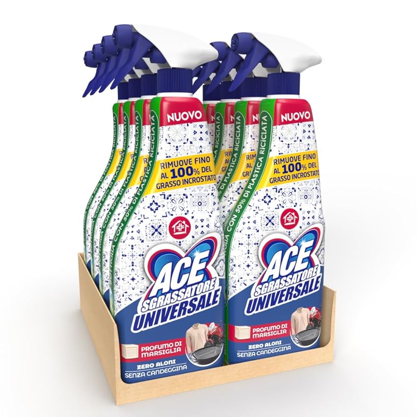 ACE Spray Sgrassatore Universale, Senza Candeggina, Zero Aloni, Profumo di Marsiglia, 8 flaconi da 600 ml