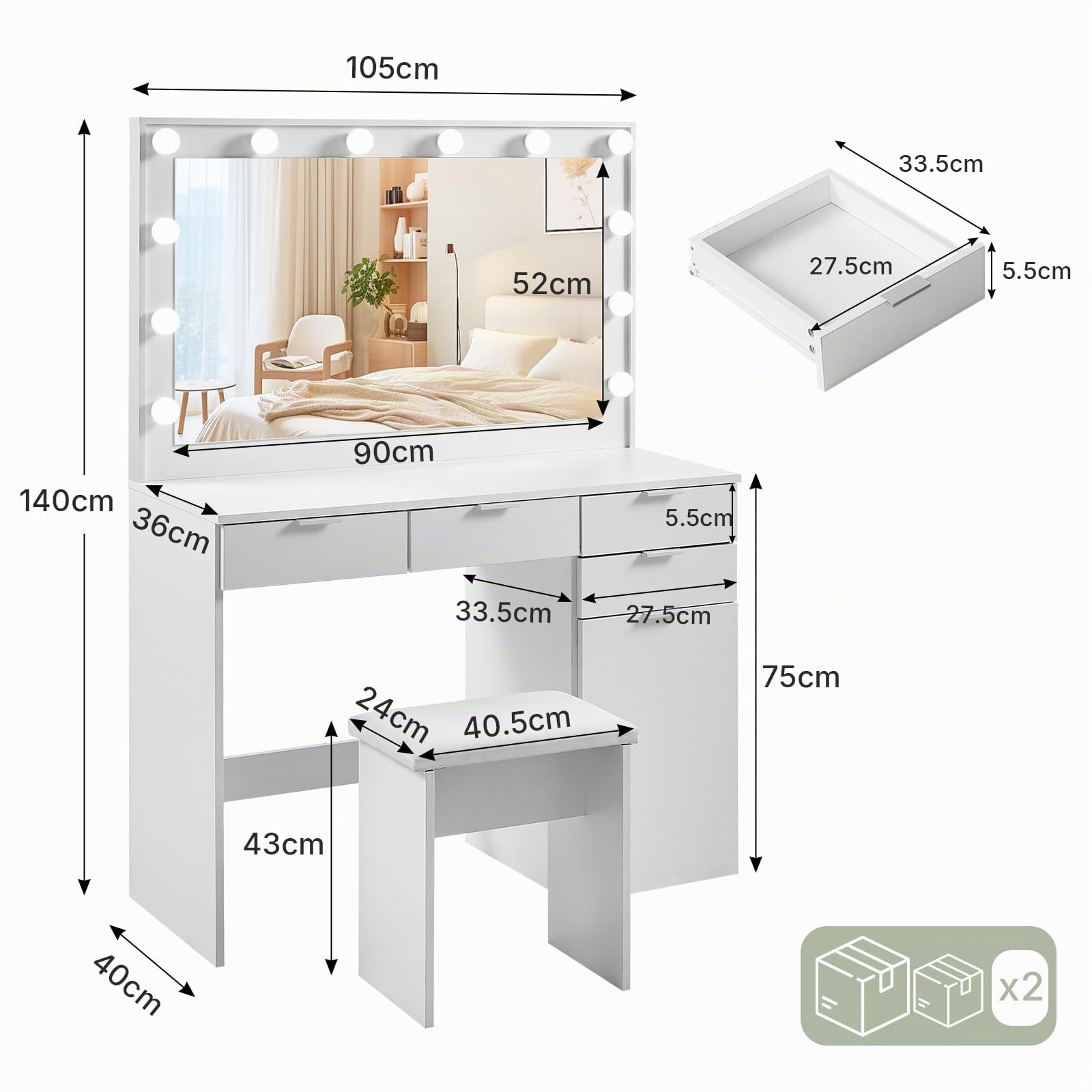 LEMROE Toeletta con Specchio LED e Sgabello, 3 Luci Regolabili, Tavolo da Trucco Bianco Moderno con 4 Cassetti e 1 Armadio, 40 x 105 x 140 cm