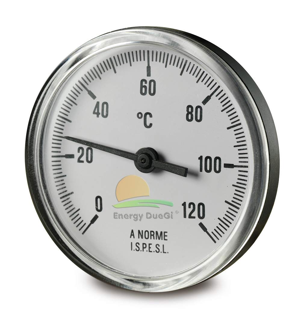 Termómetro bimetálico con mango largo de 10 cm, escala de 0 a 120 °C, diámetro de 62 mm, rosca de 1/2" M