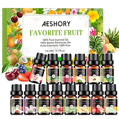 Aeshory Juego de Aceites Esenciales para Humidificador 14 X 5ML, 100% Natural Puro Aceite de Aromaterapia de Frutas para Difusor, SPA, Masajes, Bricolaje Casero - Uva, Naranja, Piña, Fresa, Melocotón Cover