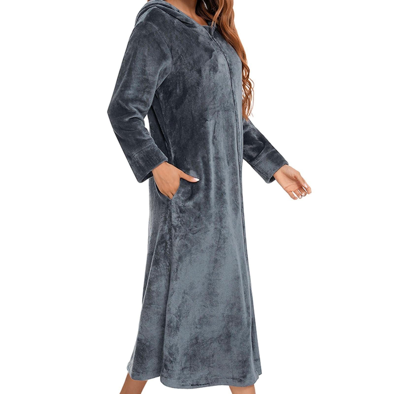 Generisch Peignoir en flanelle à manches longues avec fermeture éclair pour femme, vêtement de nuit chaud pour l'hiver (gris, XXL)