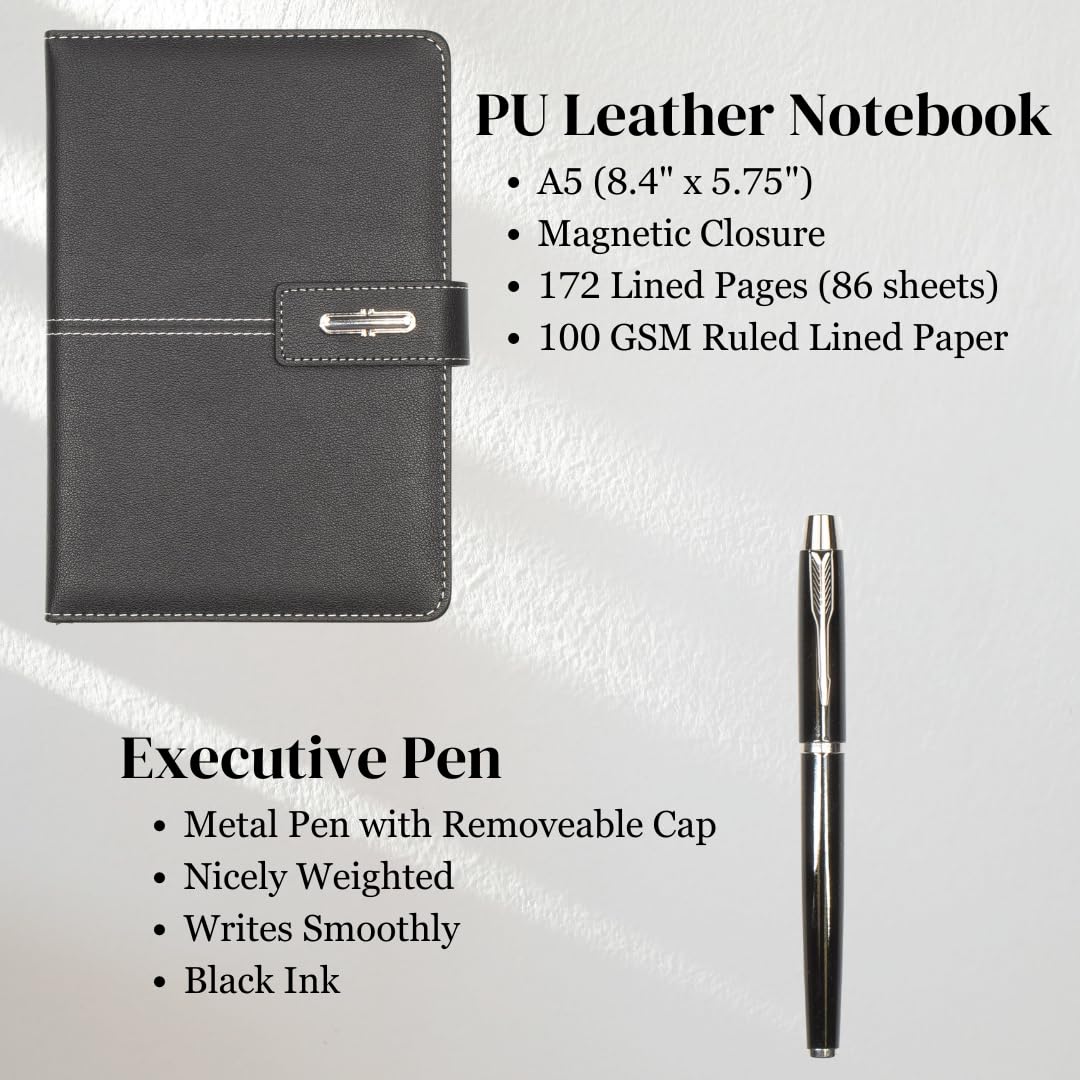 Shadow Breeze A5 Leather Notebook and Executive Pen Gift Set in Premium Gift Box, 172 Pages 100GSM Ruled Pages, Great Gift for Business, School, Home (Black)
