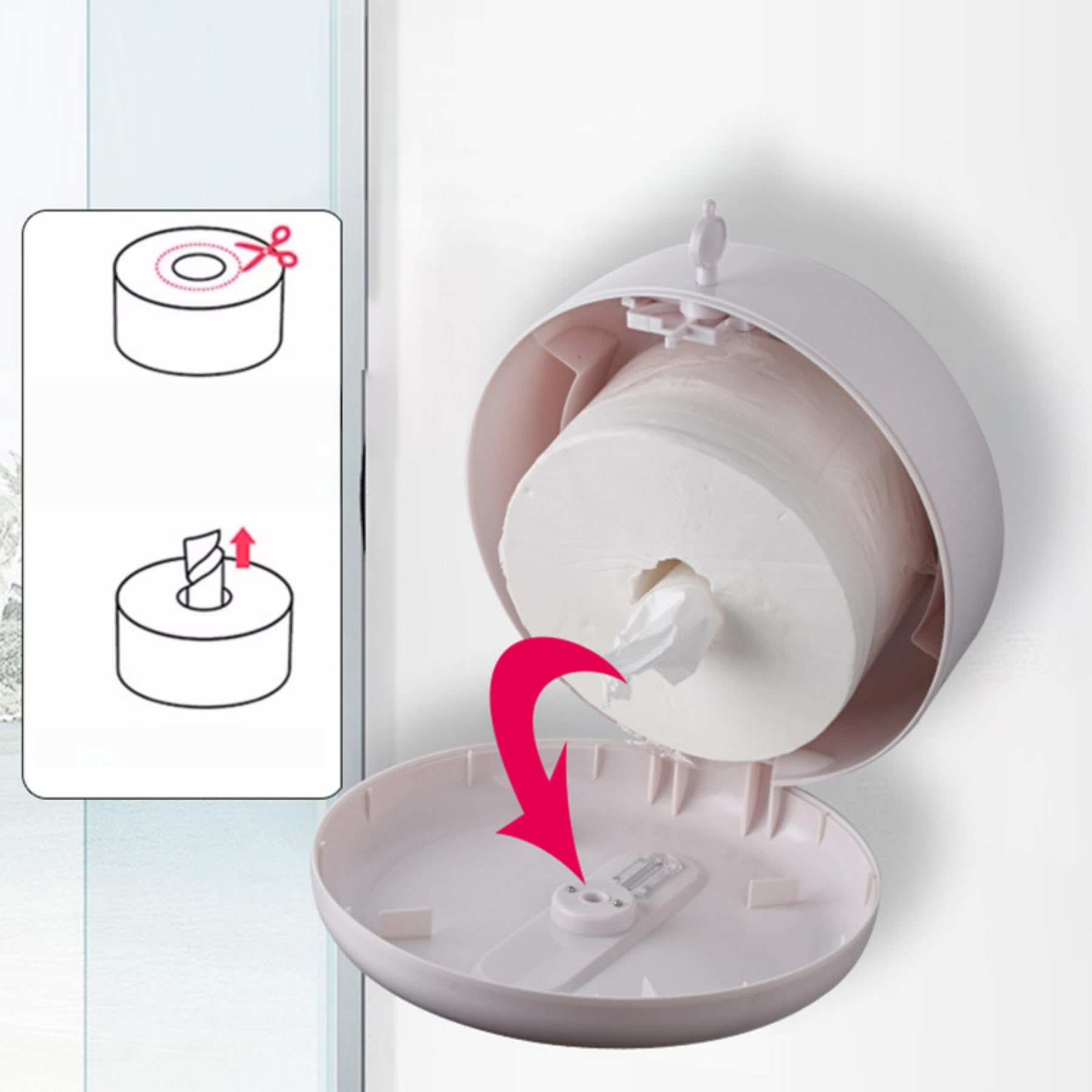 Dispensador de Papel higiénico Comercial de Montaje en Pared, de plástico Impermeable, con Cerradura de Llave y Ventana de visualización (Blanco/Negro).