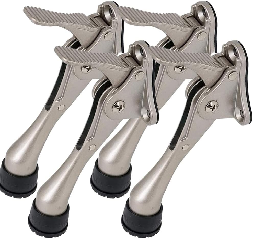 One Touch Kickdown Door Stopper, Door Holder, Heavy Duty Door Stops, Bottom of Door, Height-Adjustable Rubber Tips by HASHI (Satin Nickel 4 inch x 4pack)