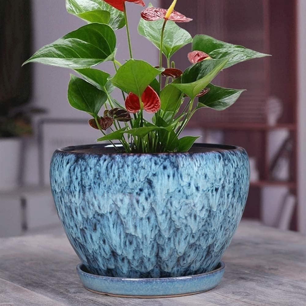 Pots de Fleurs en céramique avec Grain de Pierre Bleue, Pots de Plantes succulentes, Pots de bonsaï avec Plateau, Pots de Plantes Verts de Style Chinois, conteneurs de pl(16 * 12.5CM)