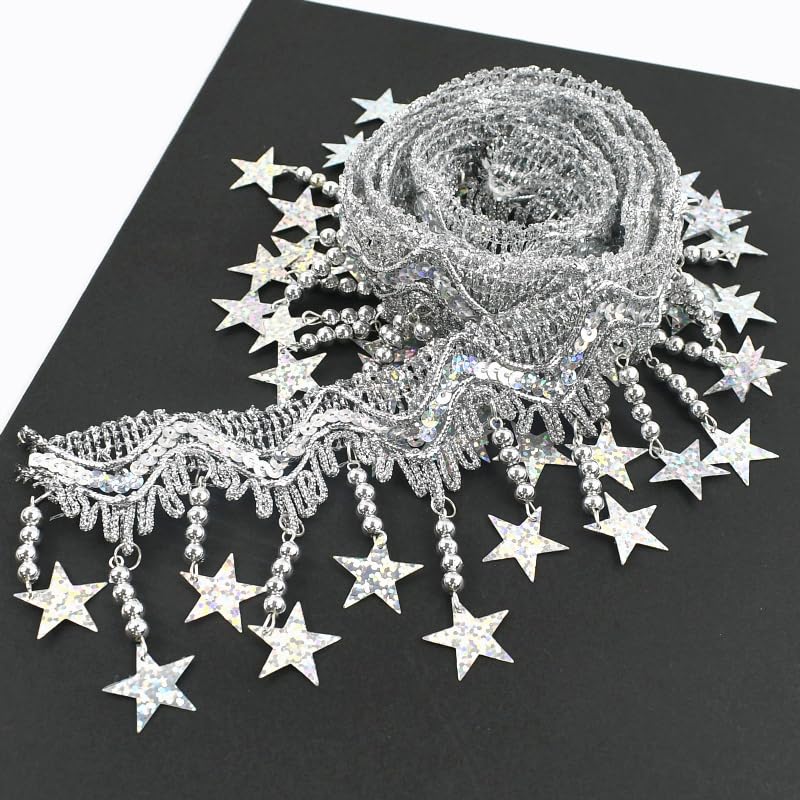 Generisch 1/2/4Meters Star Sequins Tassel Lace Gold Silver Beaded Fringe for Dance Dresses Trim Ribbon Party Tassels Sewing Accessories(RC444-LaserSilver-85,4Meters)