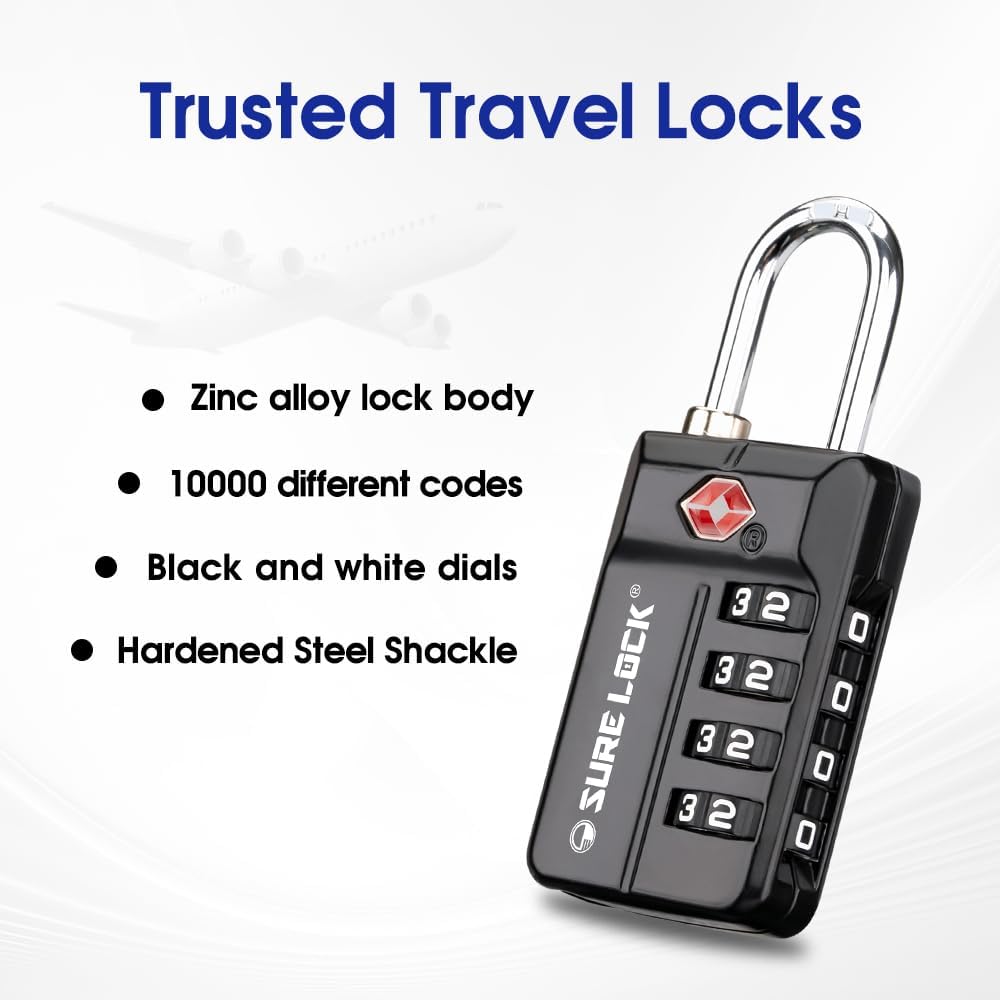 SURE LOCK TSA Approved 4-Digit Resettable Combination Luggage Locks with Open Alert, Easy-Read Dials - for Luggage, School Lockers, Gym, Office, Toolbox & Security Cases (Black 2 Pack) - Image 3