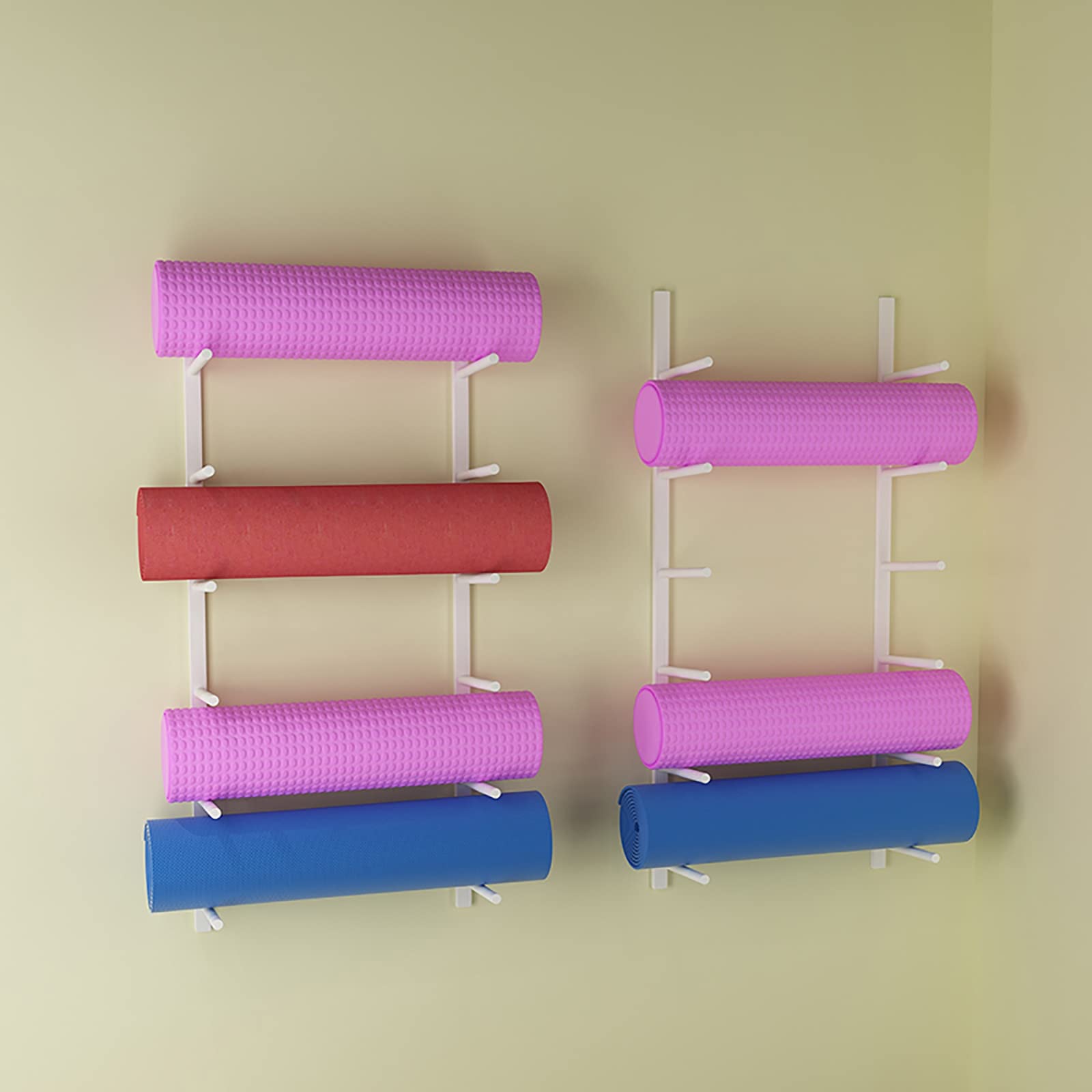 Soporte para esterillas de Yoga, Soporte de Pared de 6 Niveles, Organizador de Rodillos de Espuma y esterillas de Ejercicio de Metal para Gimnasio y hogar, fácil instalación, Elegante soluci