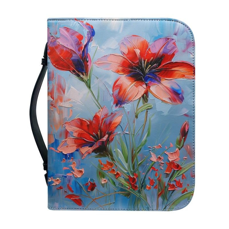 Kuiaobaty Painting Lily Flower Bible Cover with Handle, Red Lily Flowers Bible Carrying Cases Zipper Faux Leather Book Case Bag, Large — image 1