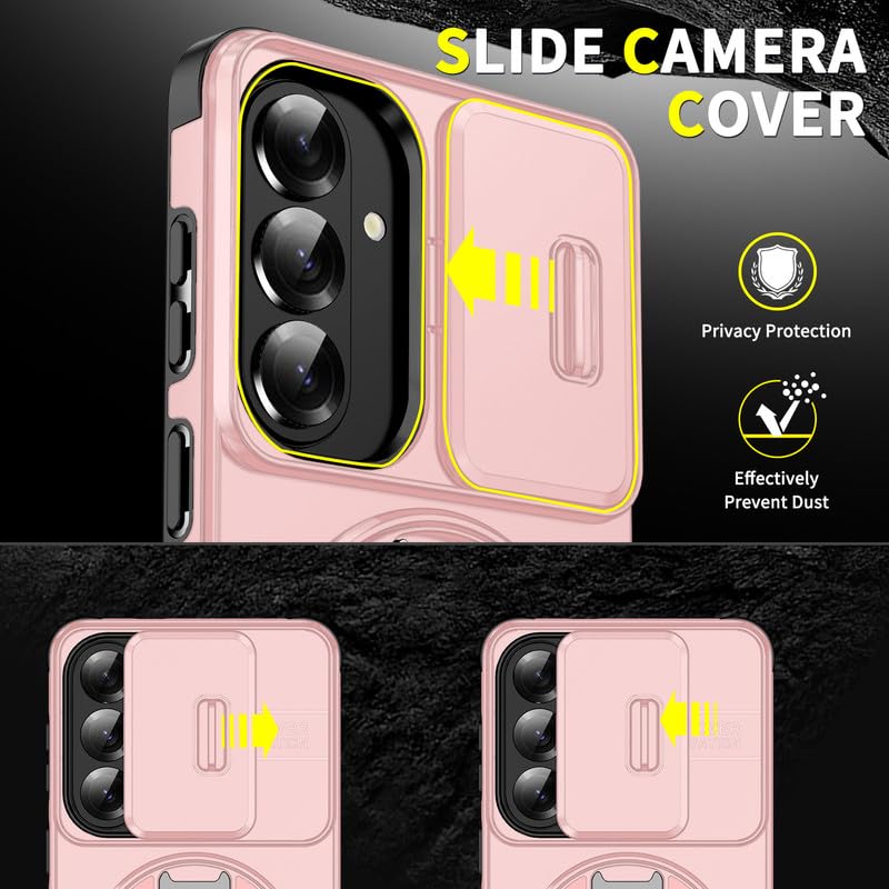 Image of LuxuryKase Shockproof Rugged Case for Samsung Galaxy S26 Plus | Slide Camera Cover | 360 Rotating Ring Kickstand | Military-Grade Protection - Rose Pink