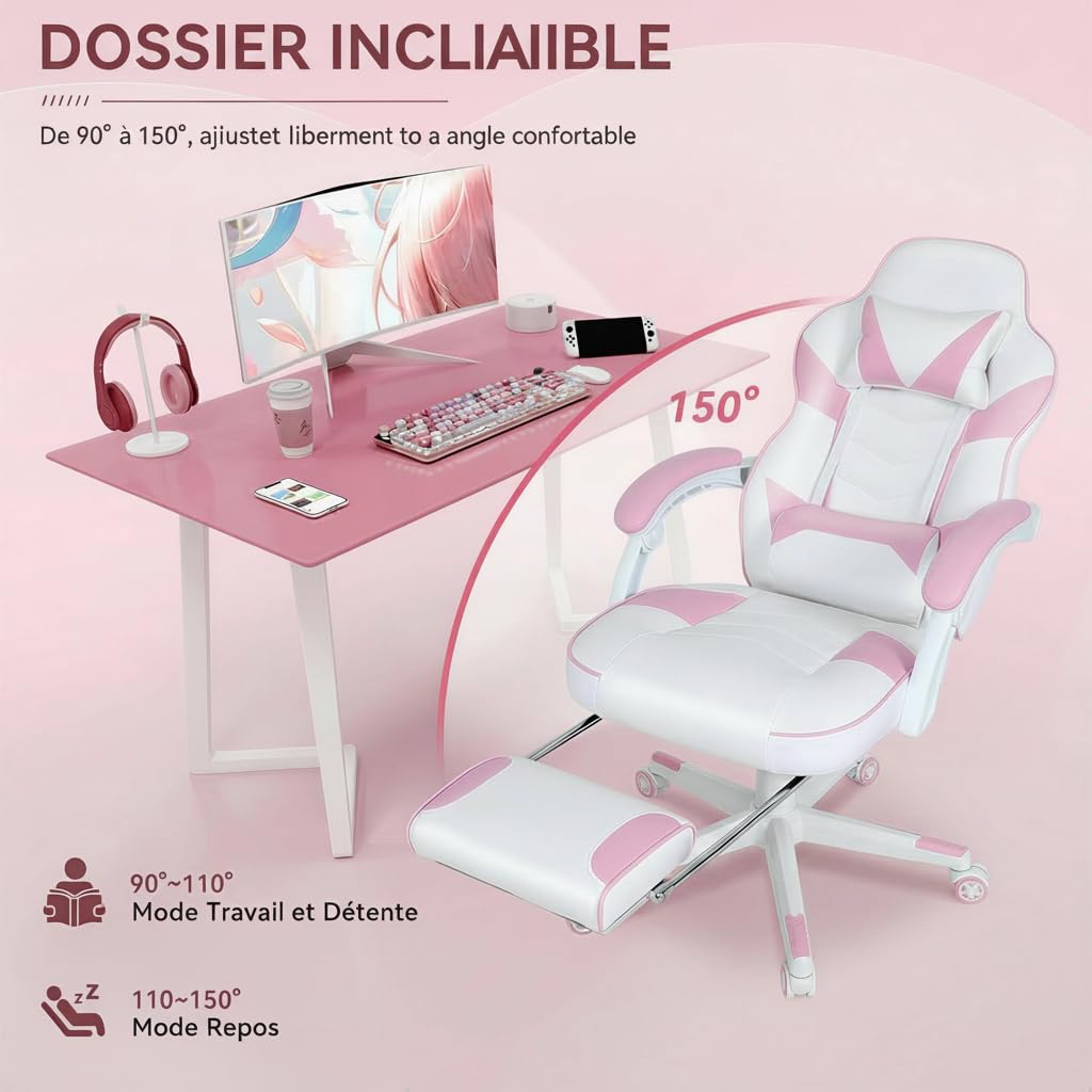 YU YUSING Chaise Gaming Massage Rose, Fauteuil de Bureau Repose-Pieds
