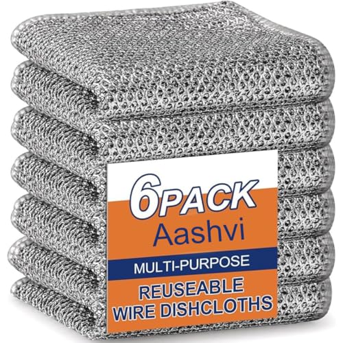 Aashvi 6 PCS Double Layer Wire Dishwashing Cloth Rag Non-Scratch Multipurpose Durable Wire Dishcloth for Wet and Dry Two Layer Reusable Steel Wire Cleaning Cloths Towel for Kitchen Dish Stove Top (6)