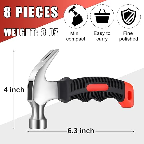 Miniatura 2 de 8 piezas de martillo pequeño de 8 onzas para niños, mujeres y hombres, martillos ligeros de garra derretida a granel con clavos de hardware para