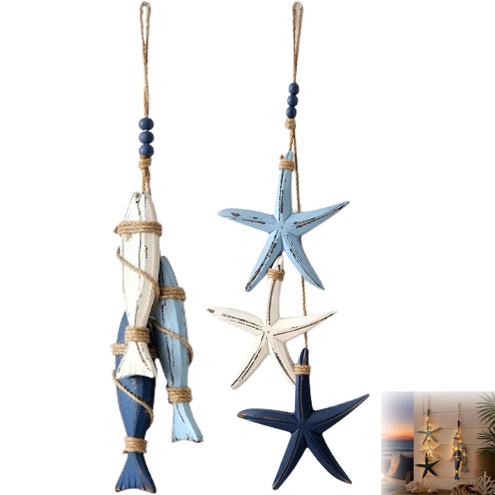 Mediterranean Nautical Wall Hanging Decor, Wooden Starfish and Fish Hanging Ornament, Coastal Nautical Beachy Rope Decor with Warm LEDs for Home, Restaurant, Bathroom, Ocean Wall Art (all)