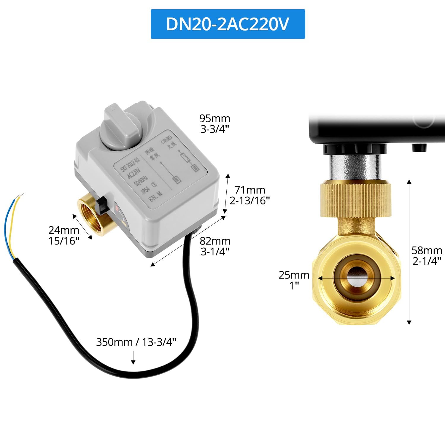 QWORK AC220V 3/4" DN20 Elektryczny zawór kulowy z napędem ręcznym, mosiężna konstrukcja