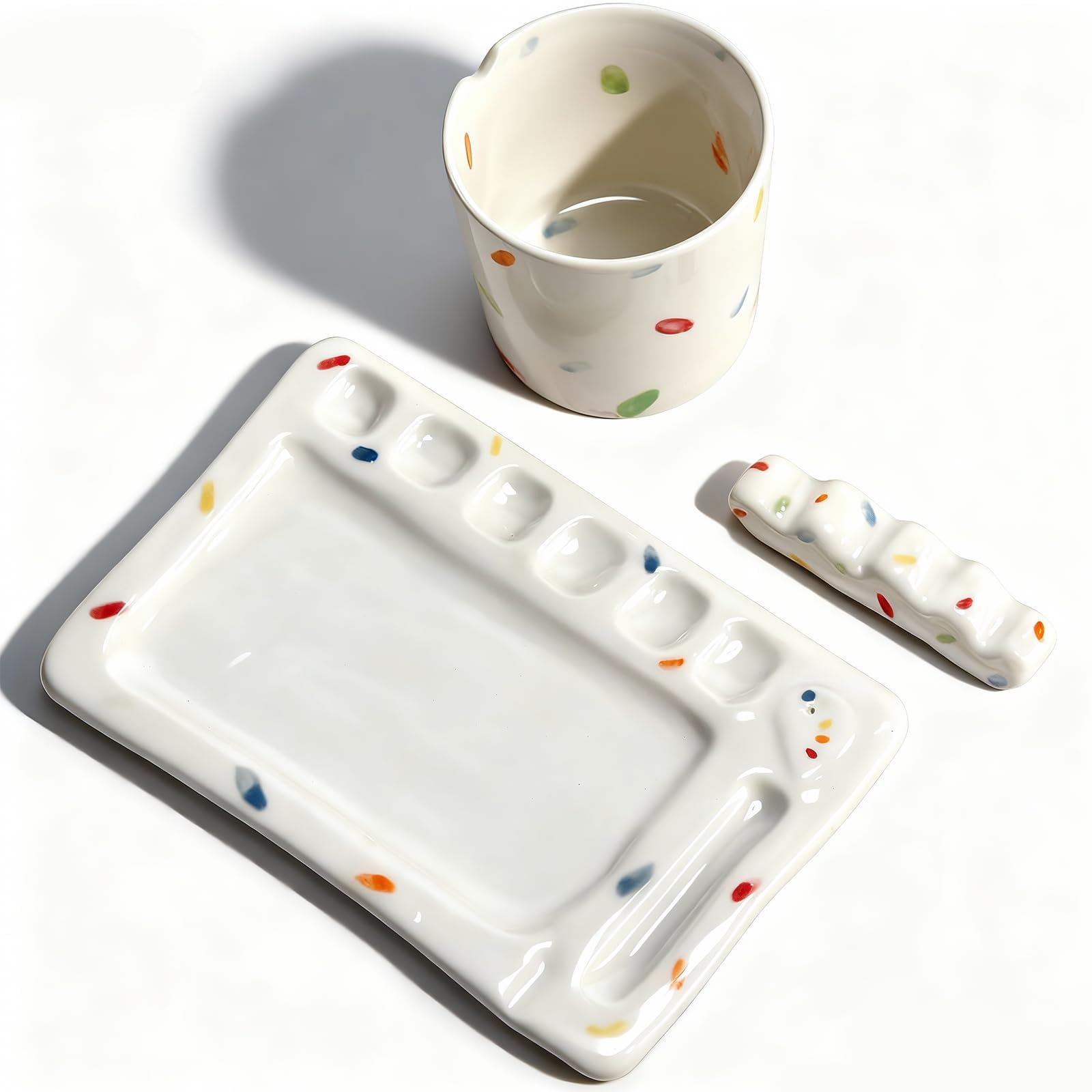 Ręcznie wykonany zestaw ceramicznych palet farb – artystyczna paleta akwareli z uchwytem na pędzle i kubkiem na wodę, kompletny zestaw ceramiczny do akwareli, gwaszu, akrylu i malowania olejnego