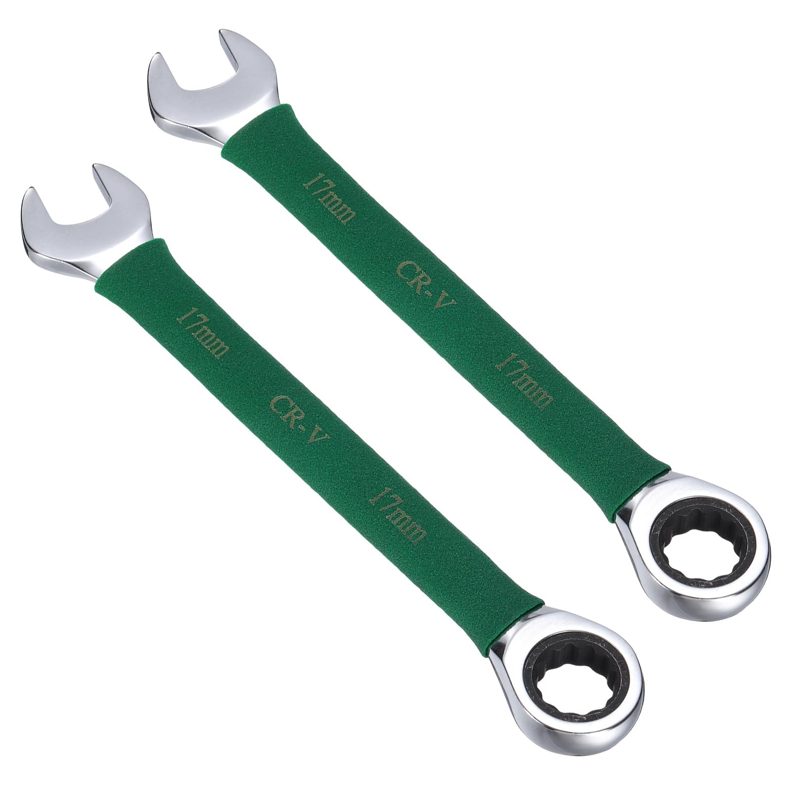 sourcing map 2Pcs Ratcheting Combination Wrench 17mm Stubby Wrench Metric Steel Double 12-Point Box Open-Ended Ratchet Spanner Tool for Household Garage Workshop Auto Repairs, Green