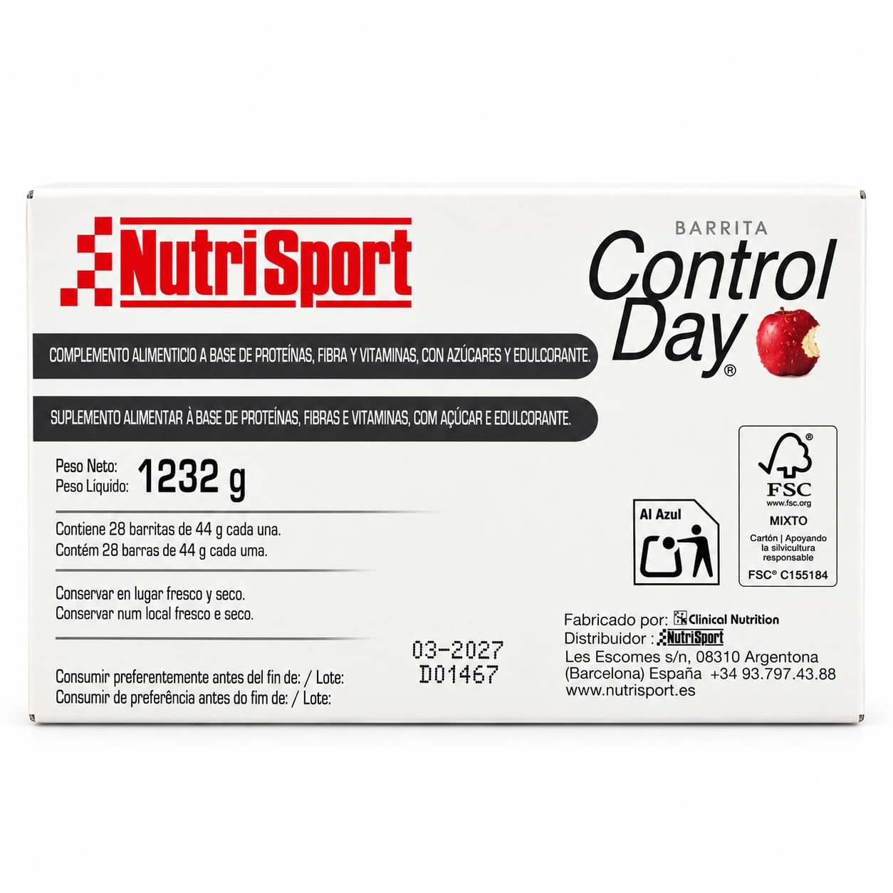Control Day Barritas Sabor Yogur y Manzana – 28 Barritas de 44g – Reducidas en Azúcares – Sin Gluten y Sin Aceite de Palma – Proteínas, Fibra y Vitaminas con L-Carnitina