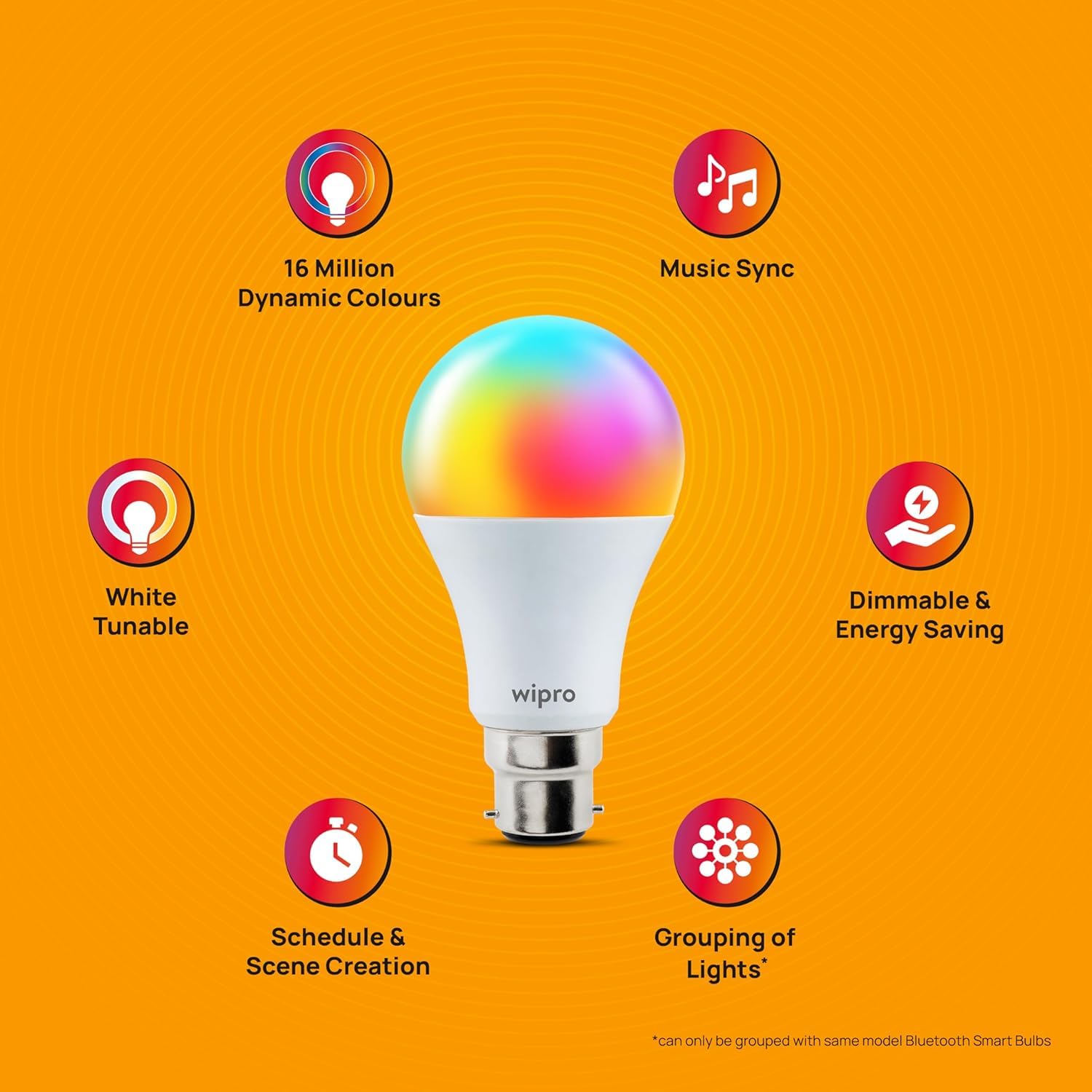 wipro 9W Bluetooth Enabled Smart Bulb B22 | 16 million Colours | White Tunable (Warm, Neutral & Cool White) | Dimmable | App-Control | Music Sync | Schedule & Scenes | Pack of 4 1