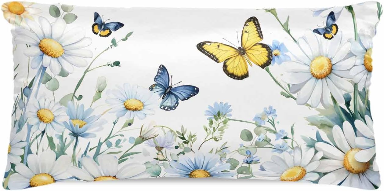 QueenKer Summer Chrysanthemum Satin Pillowcase with Zipper for Hair and Skin Pastoral Watercolor Yellow Flowers Satin Pillow Covers Wrinkle-Free Smooth and Cooling Pillow Cases 20" x 54" 1Pcs