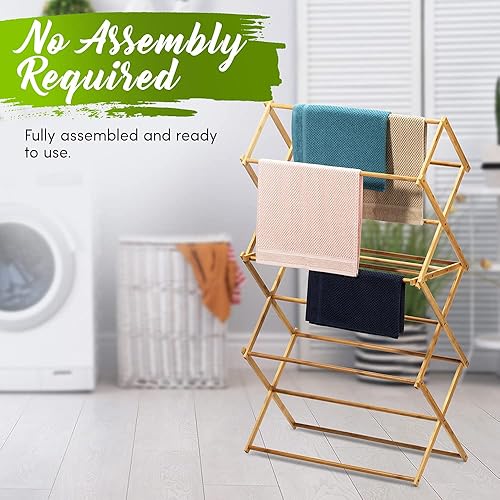 Miniatura 5 de Bartnelli Tendedero de bambú para ropa secadora de ropa de madera estabilidad extrema construcción resistente plegable ahorro de espacio uso en