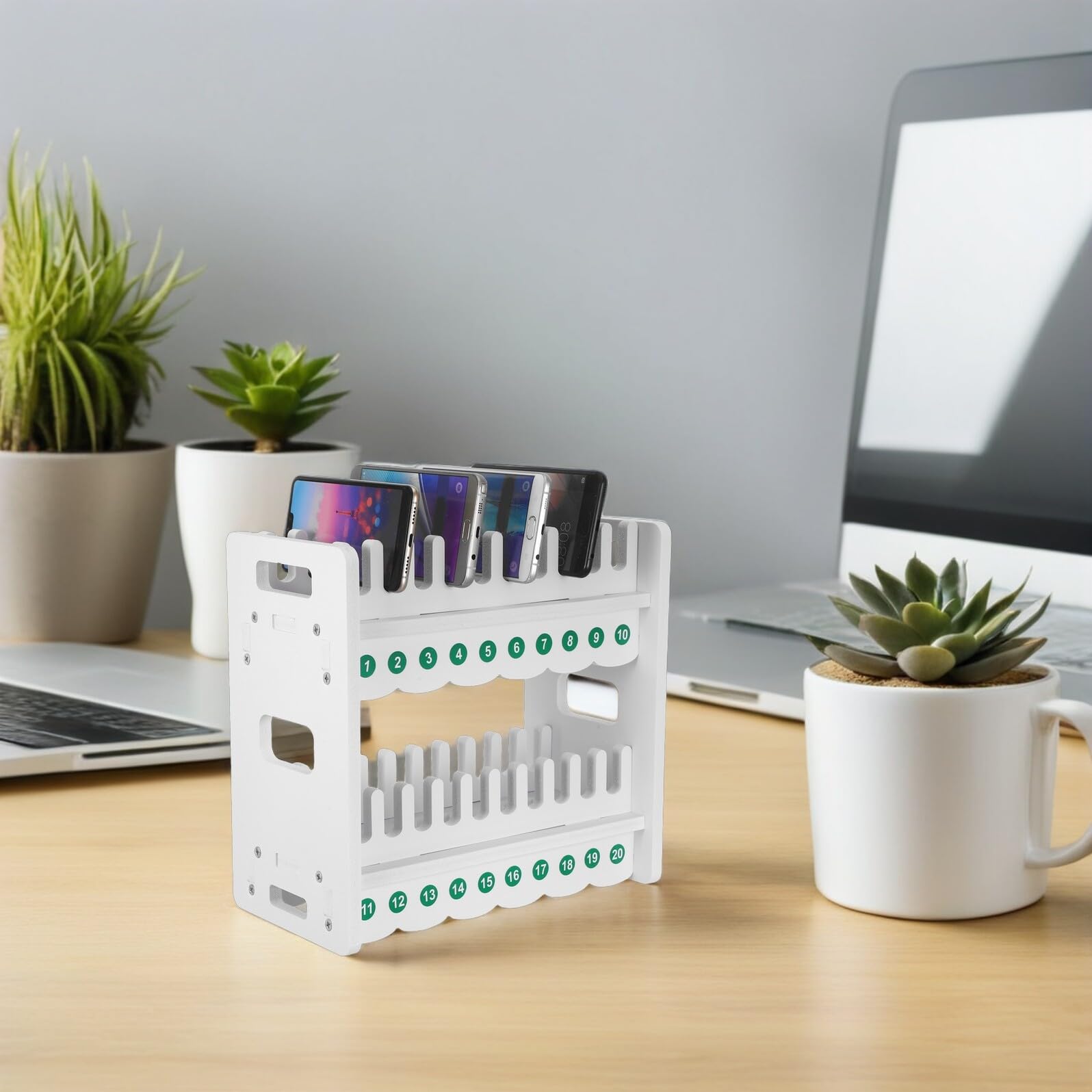 Gatuida Supporto per Smartphone da Tavolo a 2 Livelli, Organizer Multistrato in Plastica Bianca, Base Stabile per Scrivania e Aula, Compatibile con Telefoni Mobili