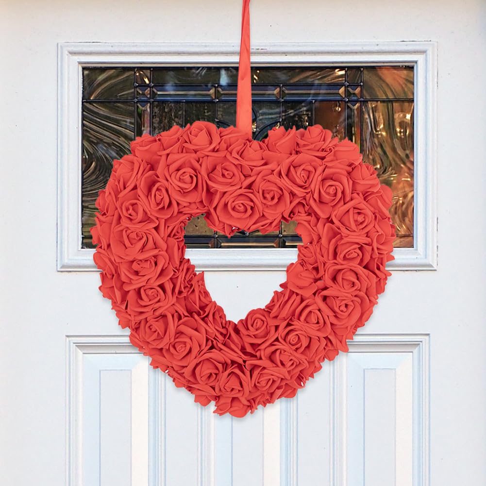 JOYWU Heart Shaped Rose Wreath,35cm Valentine’s Day Floral Wreath with Ribbons,Artificial Rose Flowers Wreath,Heart-Shaped Wreath for Front Door,Valentine’s Day Wedding Decoration (red)