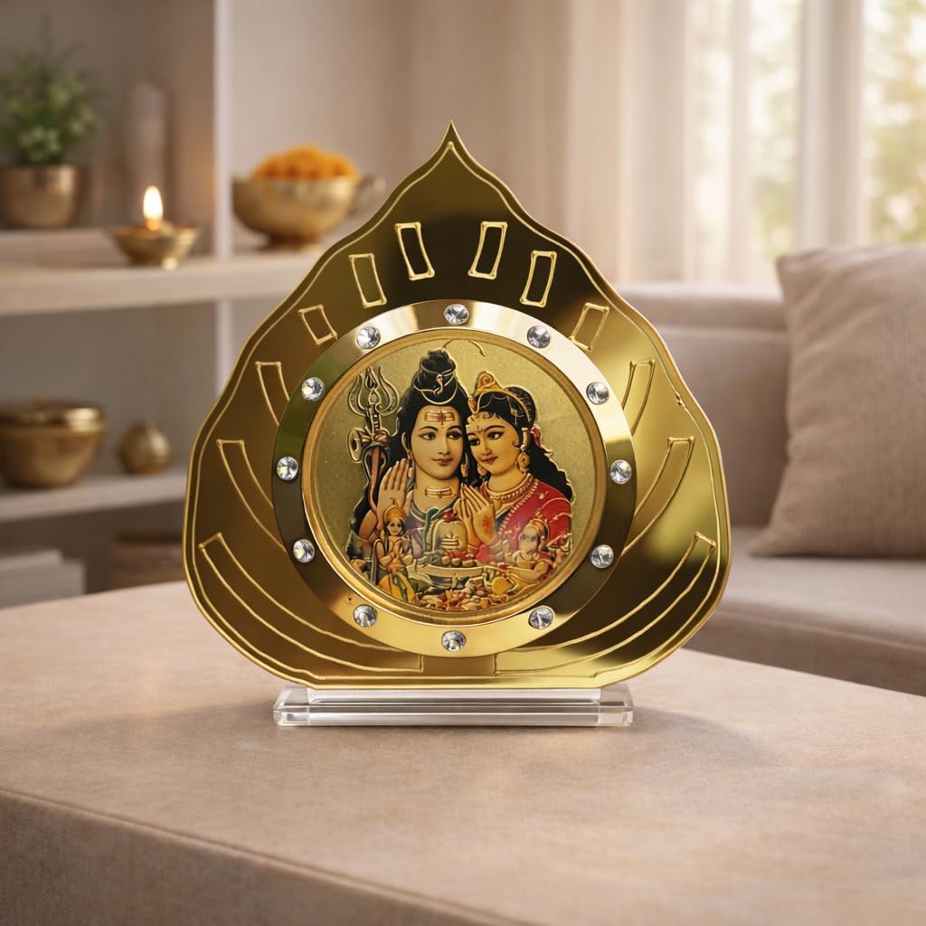 Lord Shiva Parvati Idol in Golden Leaf for Car Dashboard Showpiece Décor Office Table, Home, Mandir Idol Statue Pillar