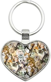 Plethora of Cats and Kittens Pattern Keychain Heart Love Metal Key Chain Ring
