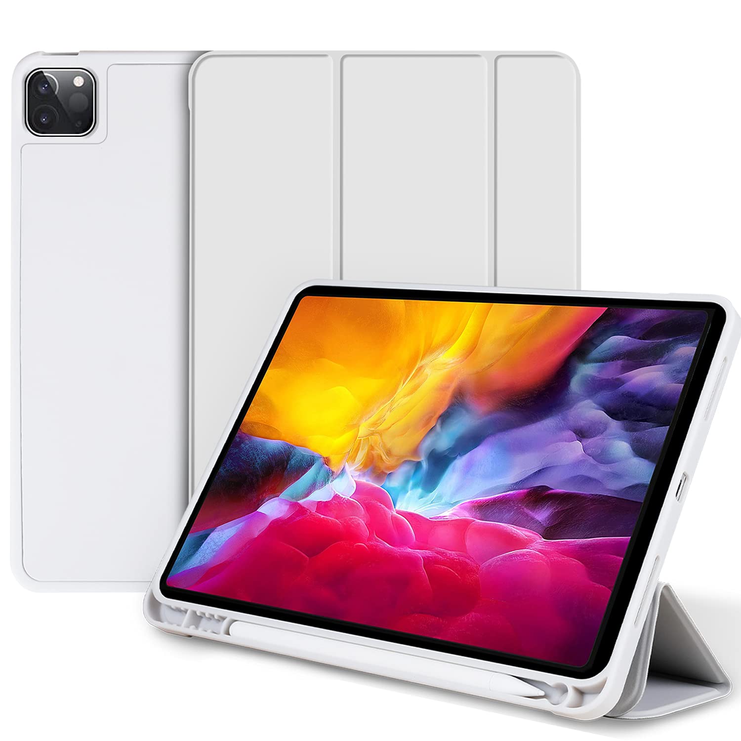 Kamon Case for iPad Pro 11-inch 2nd Generation 2020, 1st Gen 2018, with Pencil Holder[Support 2nd Gen Apple Pencil Charging] Auto Wake/Sleep Trifold Stand Soft TPU Smart Case (Fog Grey 11")