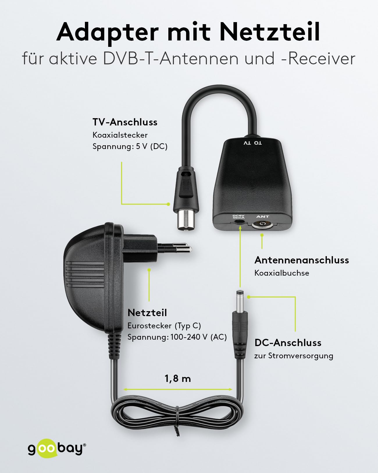 Goobay 67245 DC sygnał zasilania do anteny DVBT aktywny/adapter zasilający z zasilaczem/gniazdo koncentryczne do anteny pokojowej HDTV/wyjście 5 V/czarny