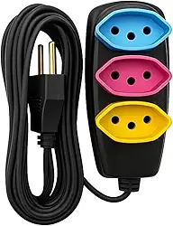 Extensão Elétrica Residencial com 3 Tomadas NBR, Cabo 5 Metros, Bivolt 127V/220V, 10 Amperes, Preto com Conectores Coloridos