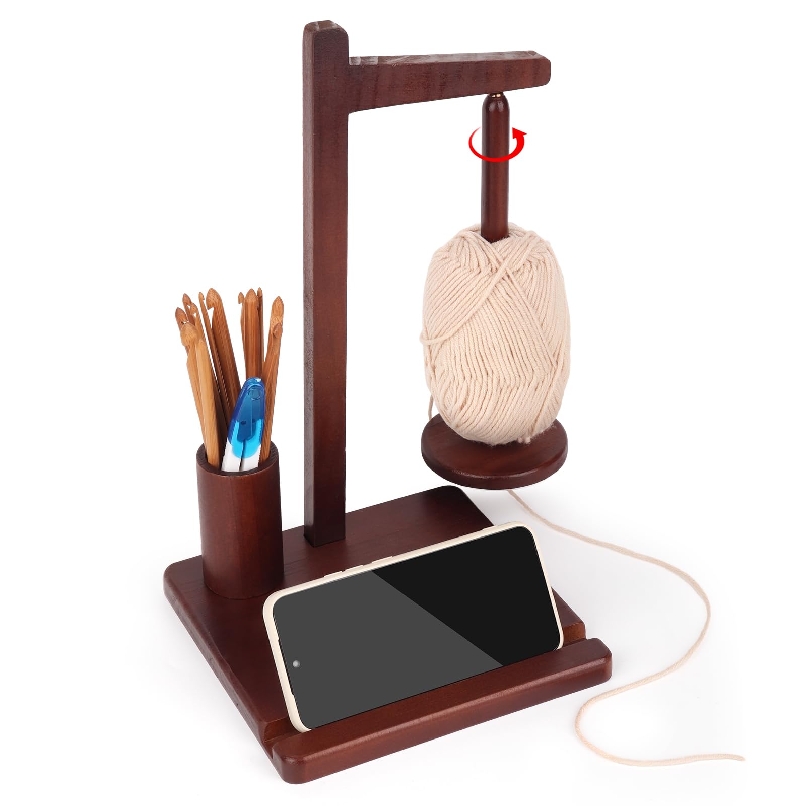 Aeelike Yarn Holder Magnetic, Wooden Yarn Holder for Crochet, Crochet Yarn Holder Spinner, Large Wool Holders when Crocheting and Knitting, Magnetic Yarn Ball Holder with Storage and Phone Stand