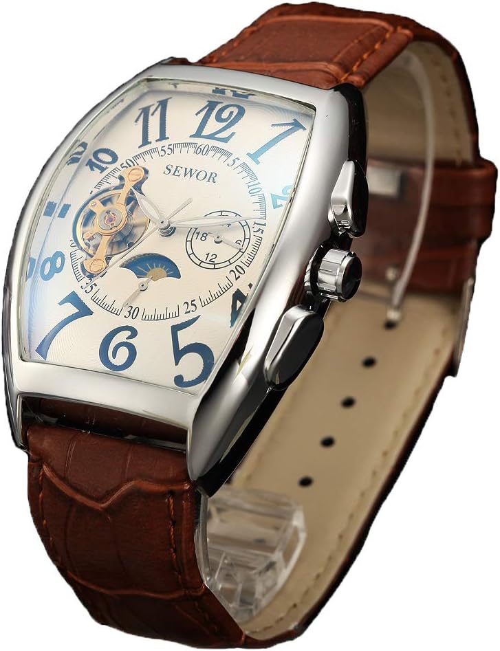 Luxury Tourbillon Man Moon Phases Mechanical Automatic Watch Bracelet Leather Band Blue Glass Coating