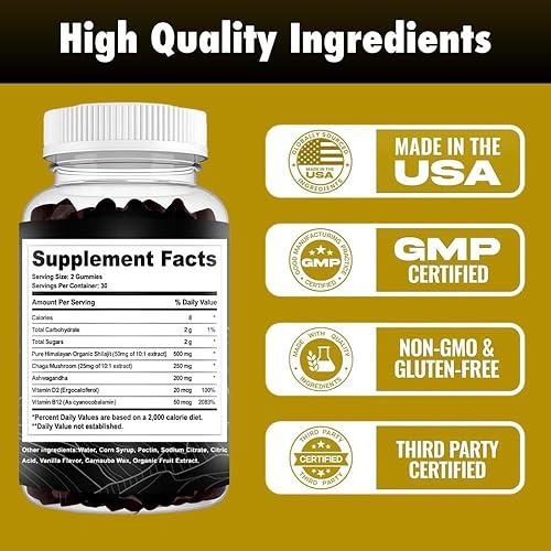 Miniatura 5 de Gomitas puras de Shilajit del Himalaya con hongos Ashwagandha y Chaga, vitamina D2 y B12, ácido fúlvico y más de 85 minerales traza A base de